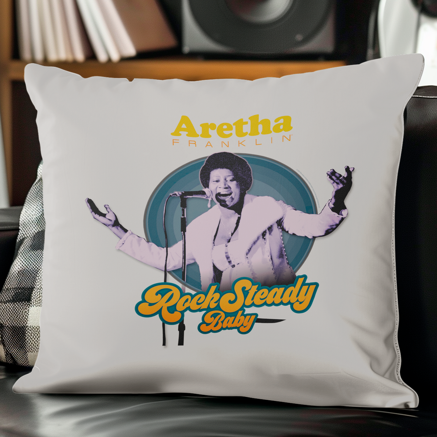 Aretha Franklin Photo - Vibrant Yellow Orange Retro Text Rock Steady Baby with Throw Pillow Square