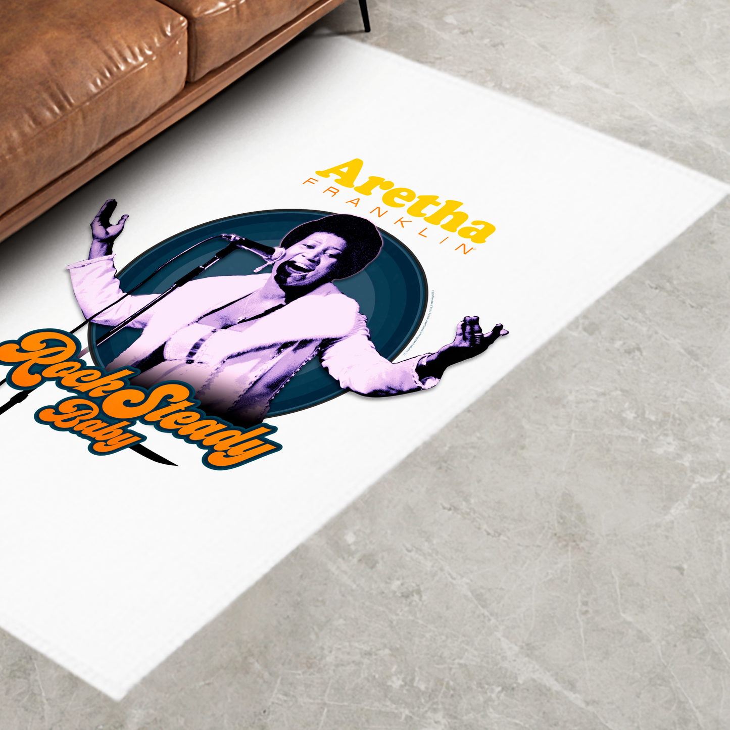 Aretha Franklin Photo - Vibrant Yellow Orange Retro Text Rock Steady Baby with Area Rug rectangular