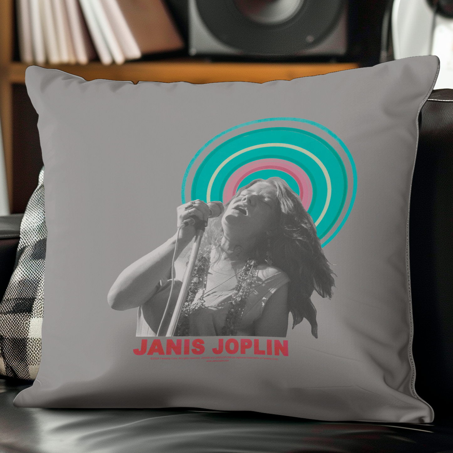 Janis Joplin Halo Photo Grey and Janis Joplin Halo Photo Grey with Pillow square