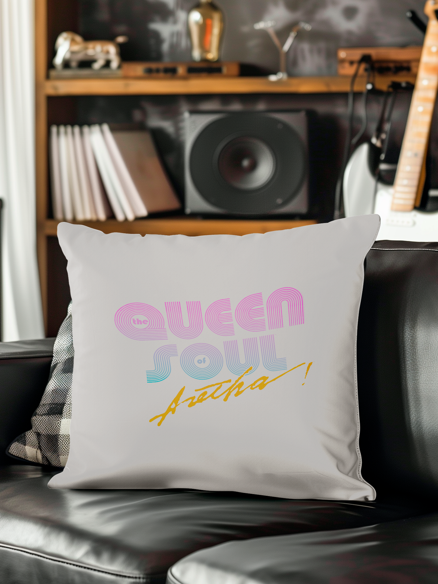 Aretha Franklin The Queen of Soul Music - Pink 80s Font with Pillow square