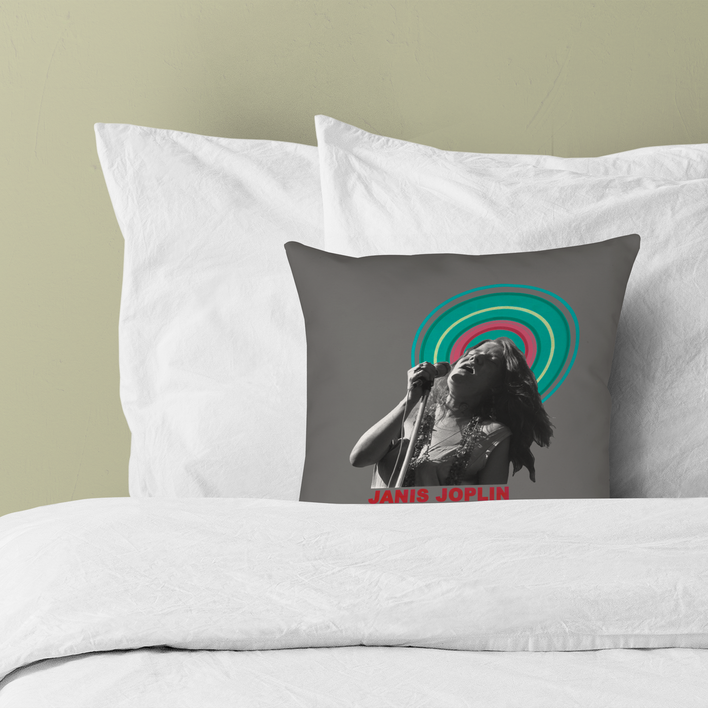 Janis Joplin Halo Photo Grey and Janis Joplin Halo Photo Grey with Pillow square