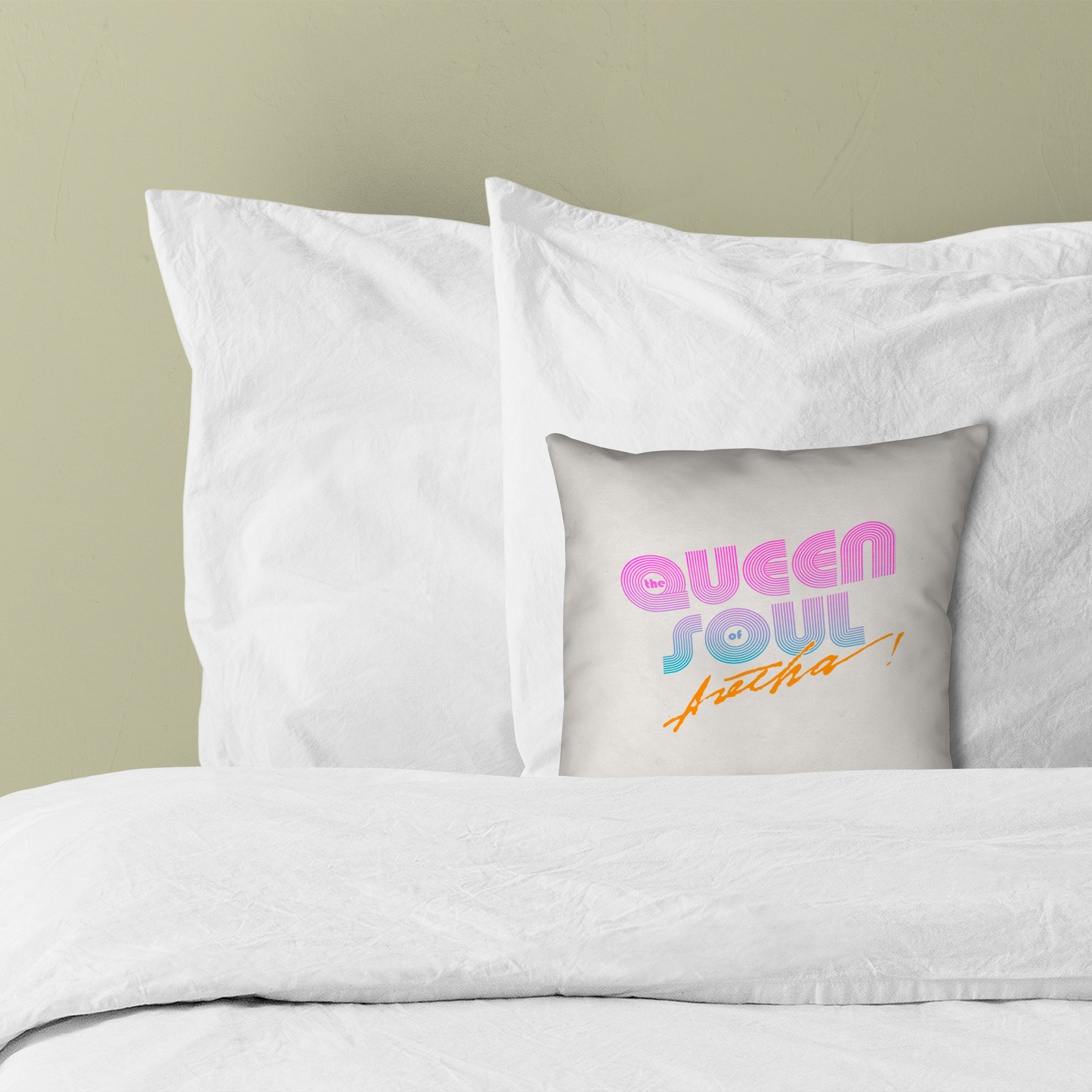 Aretha Franklin The Queen of Soul Music - Pink 80s Font with Pillow square