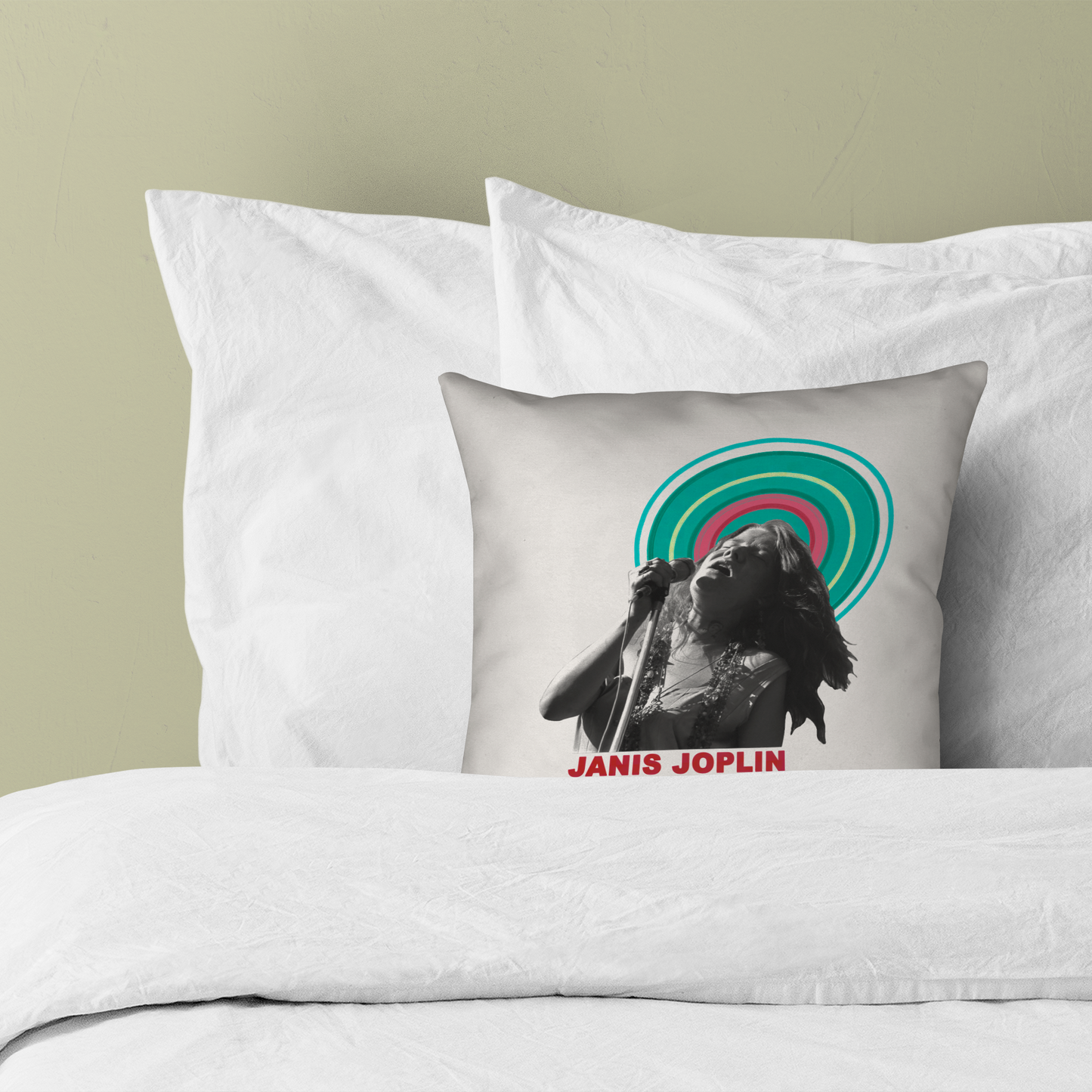 Janis Joplin Halo Photo White and Janis Joplin Halo Photo White with Pillow square