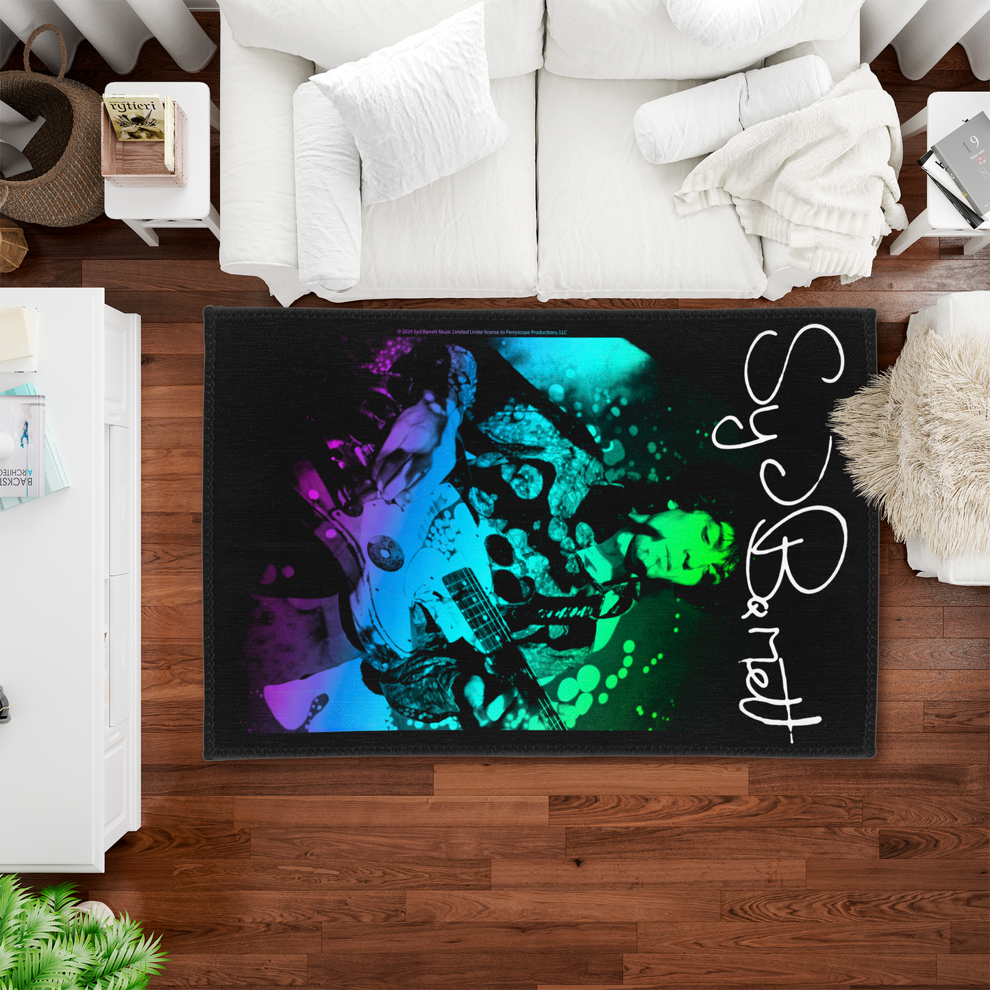 Syd Barret Colorful Portrait with Guitar with Area Rug rectangular