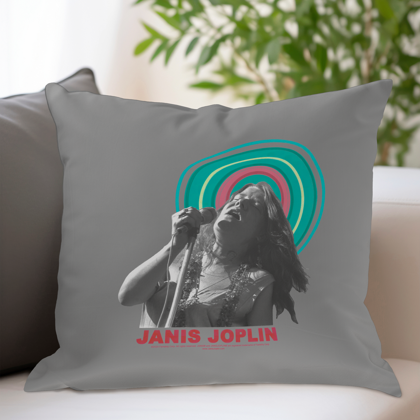 Janis Joplin Halo Photo Grey and Janis Joplin Halo Photo Grey with Pillow square