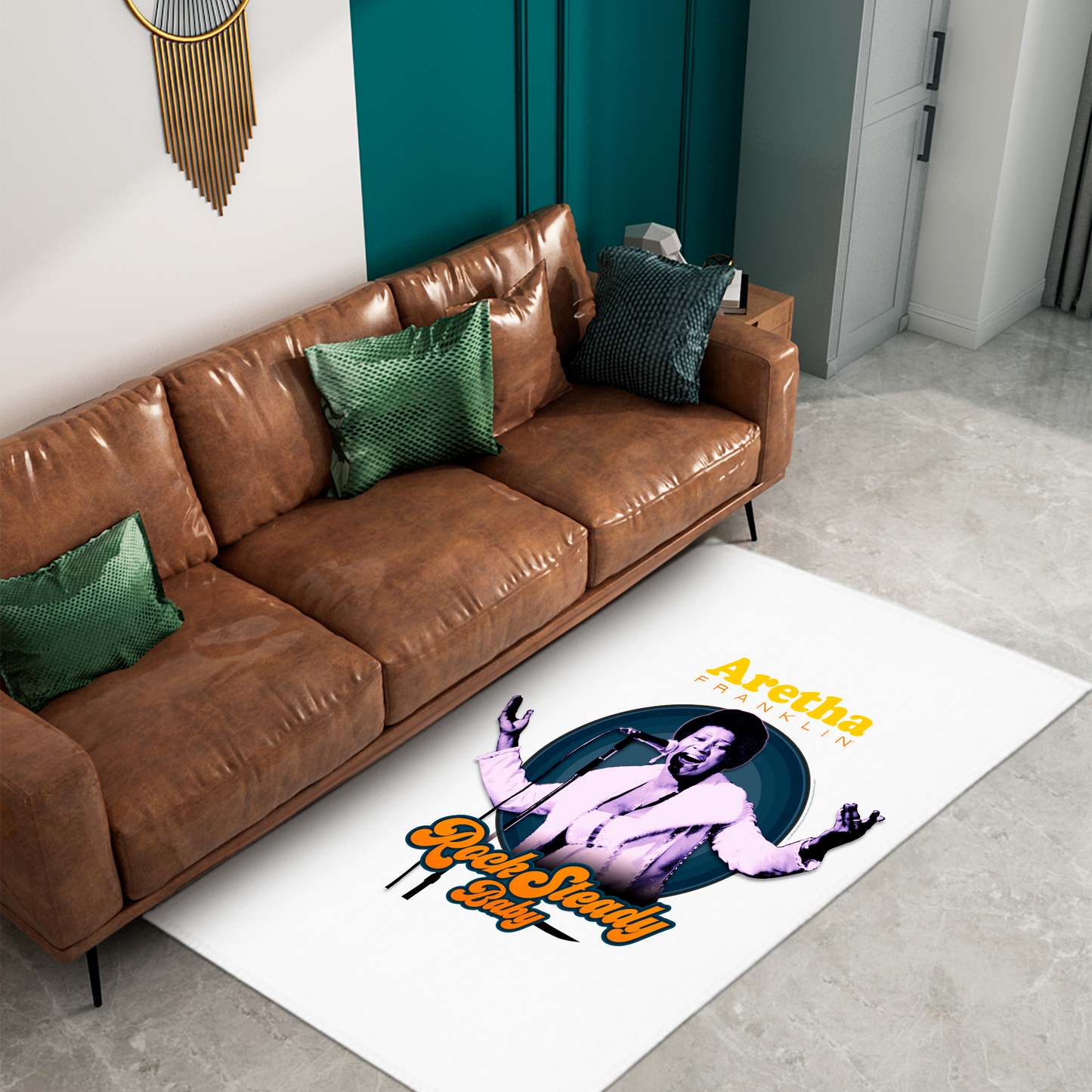 Aretha Franklin Photo - Vibrant Yellow Orange Retro Text Rock Steady Baby with Area Rug rectangular