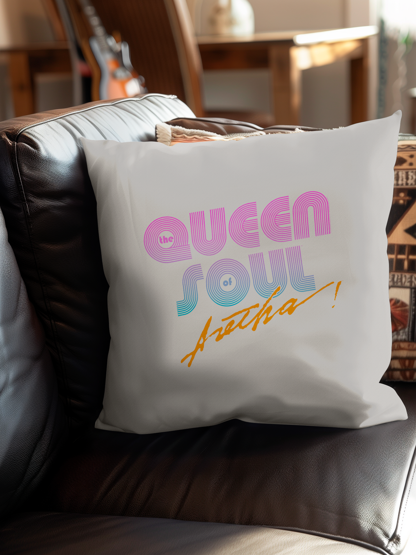 Aretha Franklin The Queen of Soul Music - Pink 80s Font with Throw Pillow Square