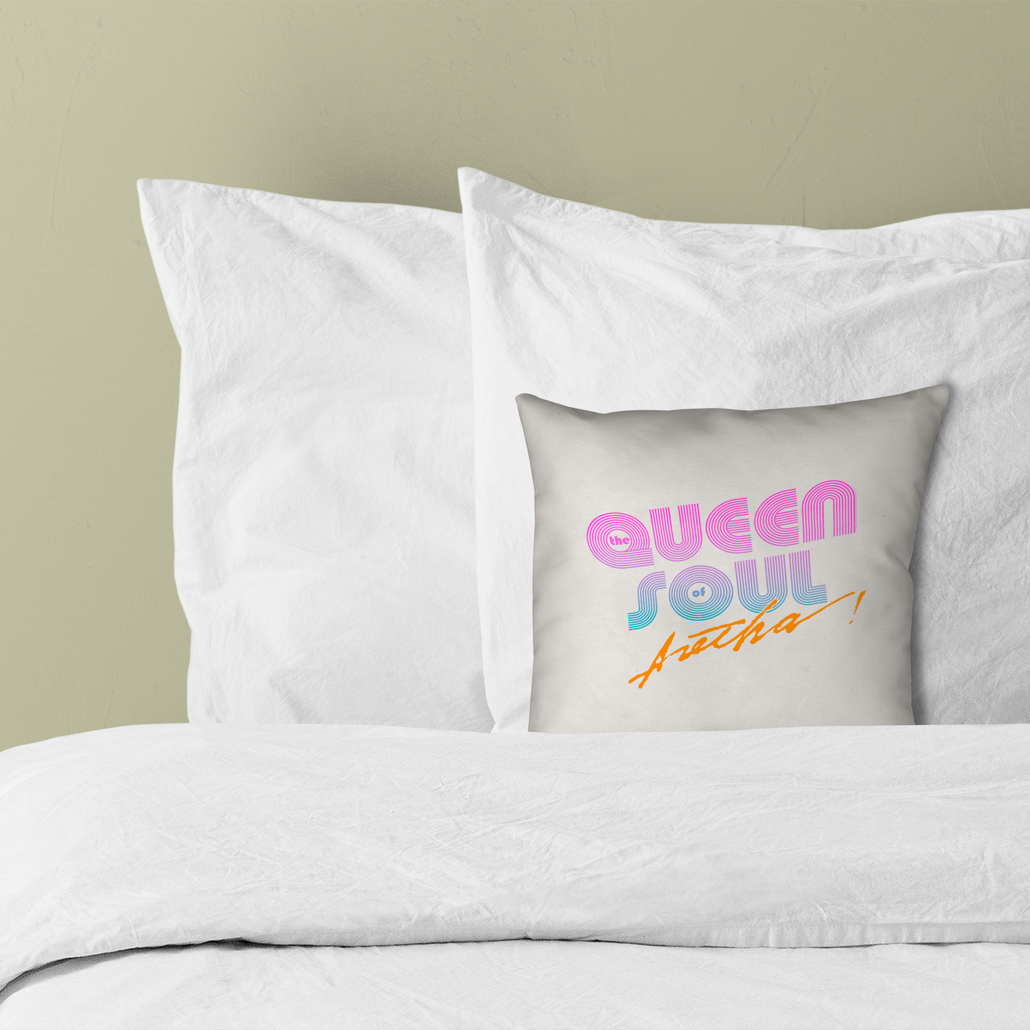 Aretha Franklin The Queen of Soul Music - Pink 80s Font with Pillow square