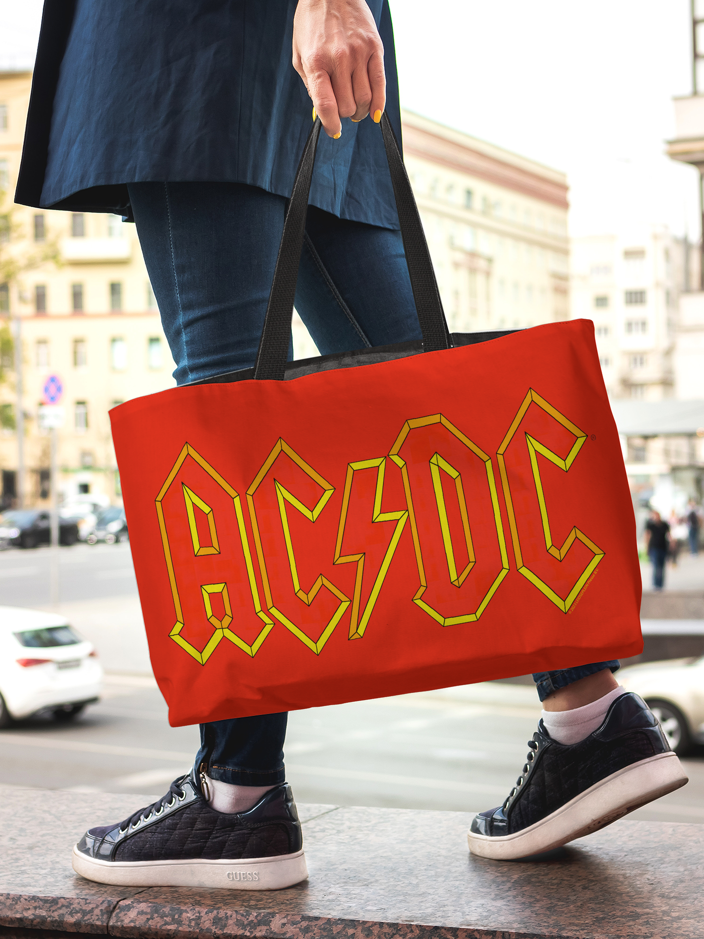 ACDC Yellow Outline Red Logo Weekender Totebag