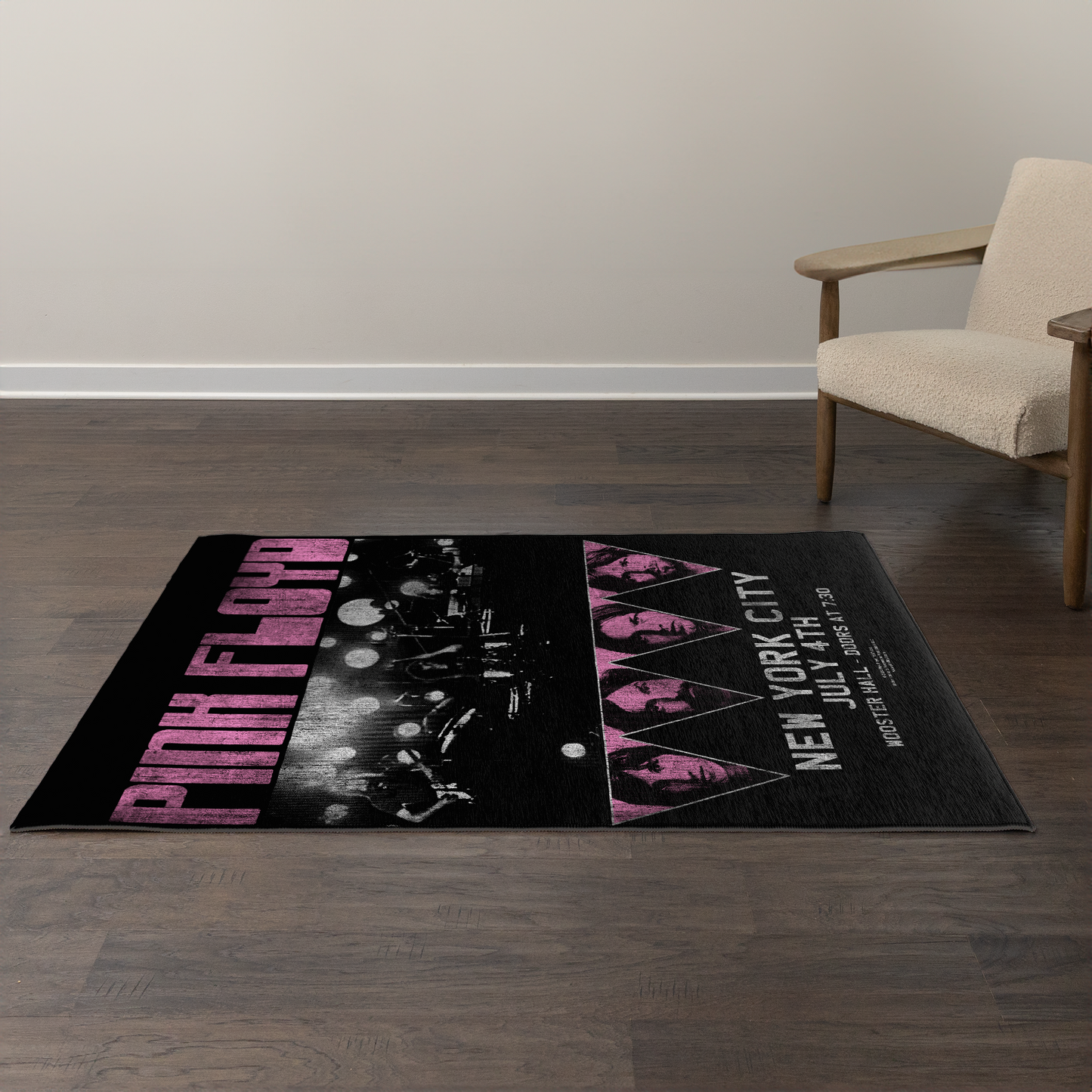 Pink Floyd Tour N-Y-C Printed Area Rug, 2x3ft, 4x6ft, Stiff Lay-Flat Design, Chenille and Woven Polyester Backing, Rectangular Shape, Indoor Use