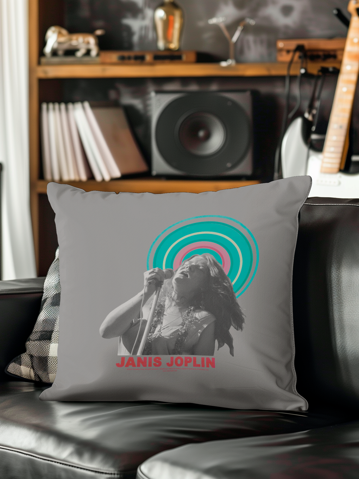 Janis Joplin Halo Photo Grey and Janis Joplin Halo Photo Grey with Pillow square