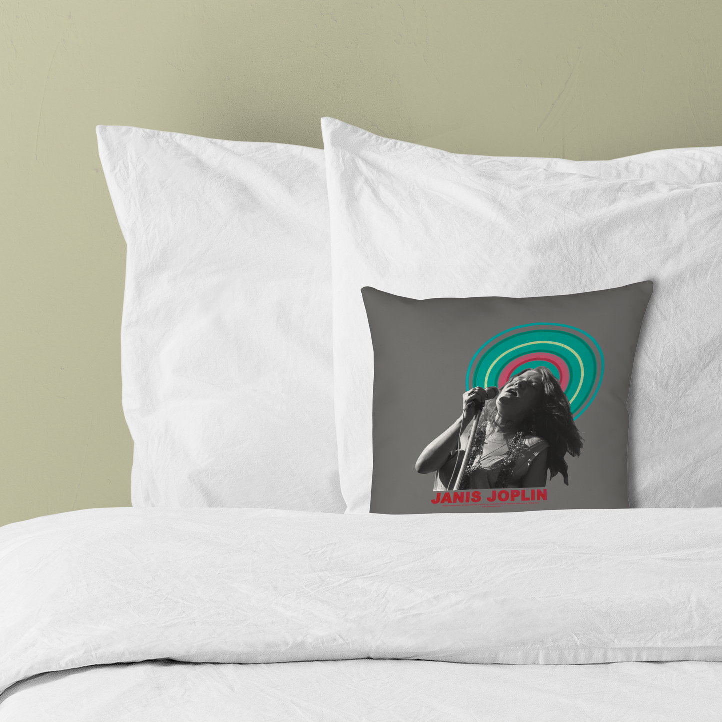 Janis Joplin Halo Photo Grey and Janis Joplin Halo Photo Grey with Pillow square