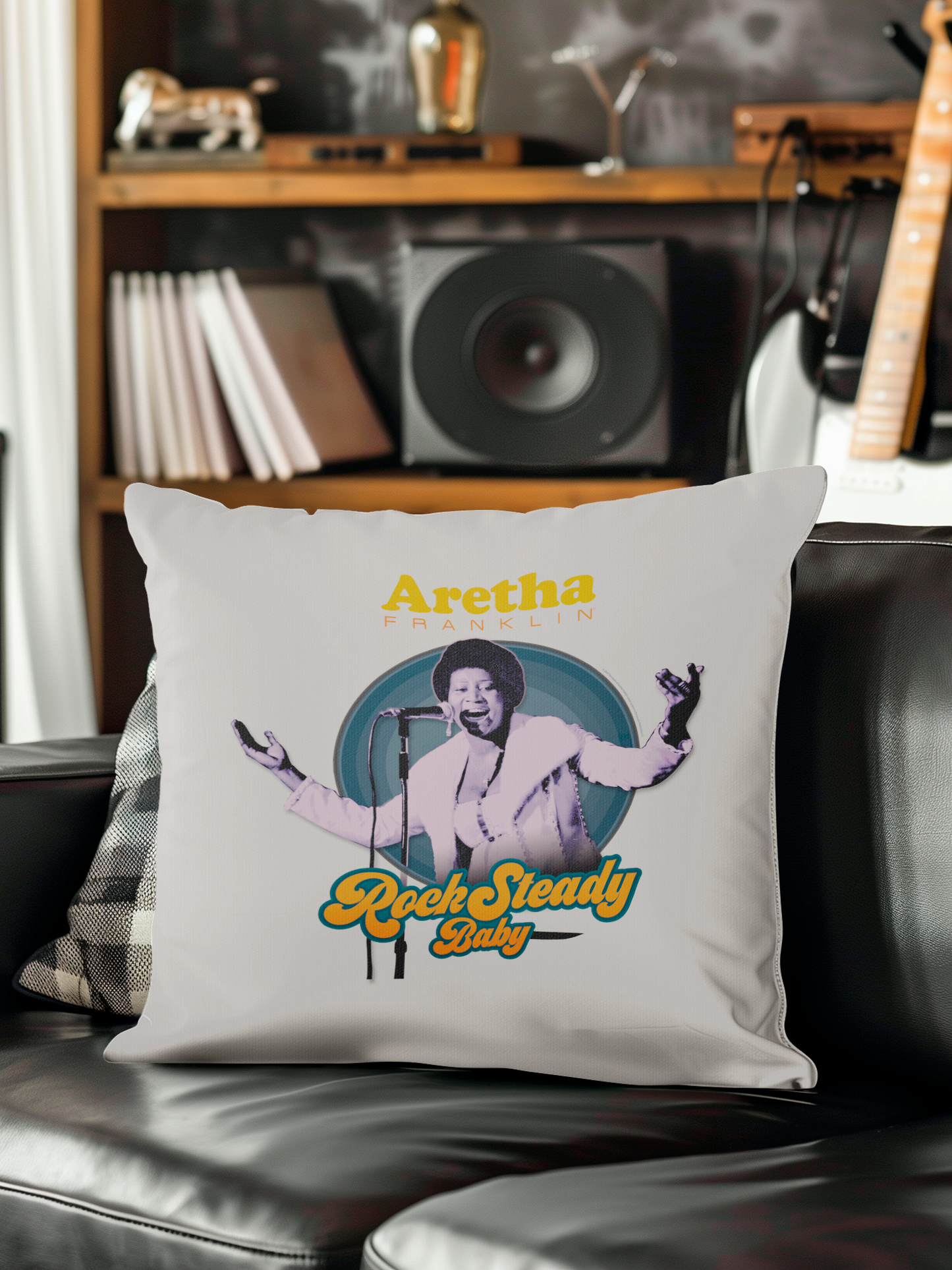 Aretha Franklin Photo - Vibrant Yellow Orange Retro Text Rock Steady Baby with Throw Pillow Square