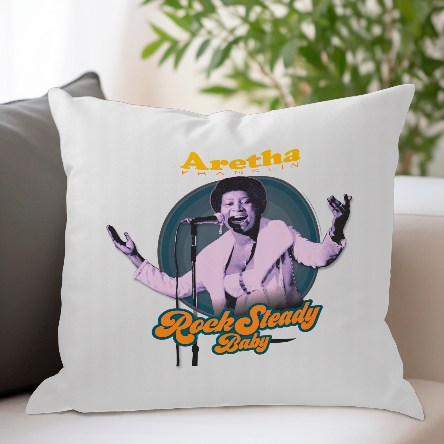 Aretha Franklin Photo - Vibrant Yellow Orange Retro Text Rock Steady Baby with Throw Pillow Square