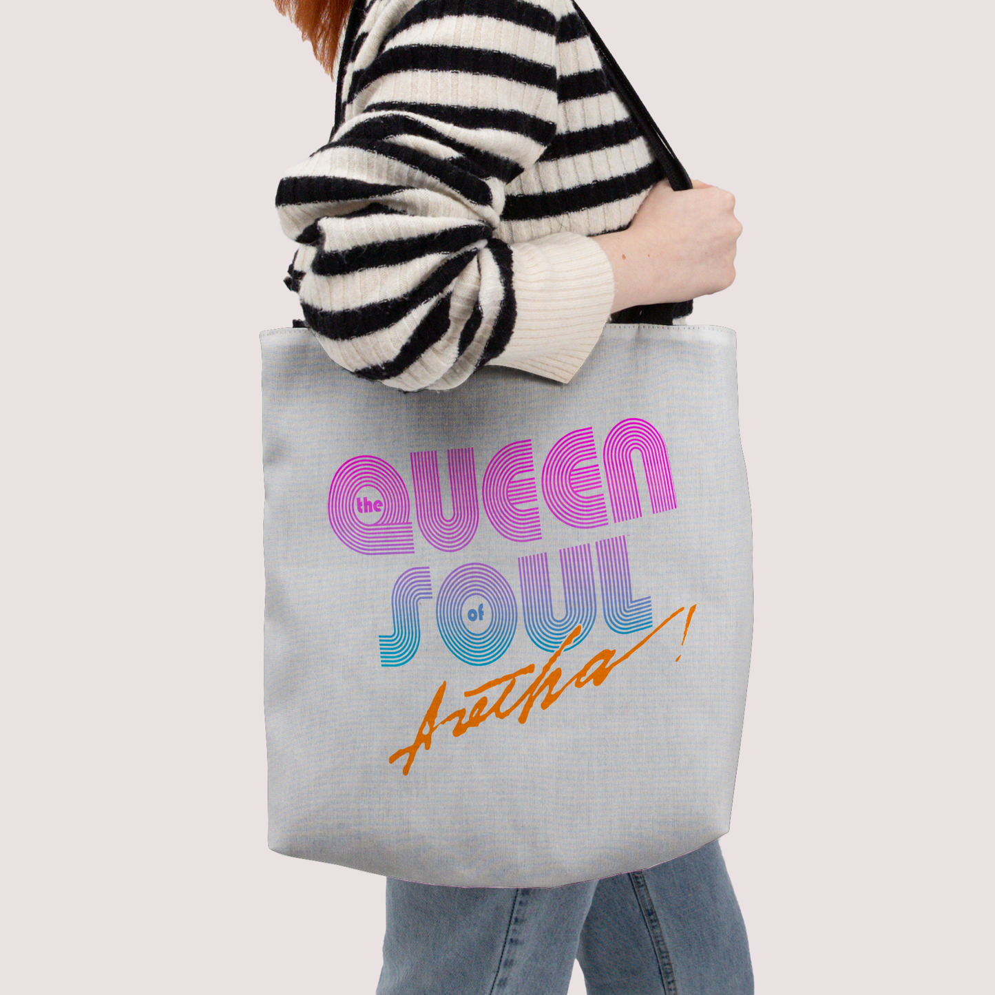 Aretha Franklin The Queen of Soul Music - Pink 80s Font with Tote Bag