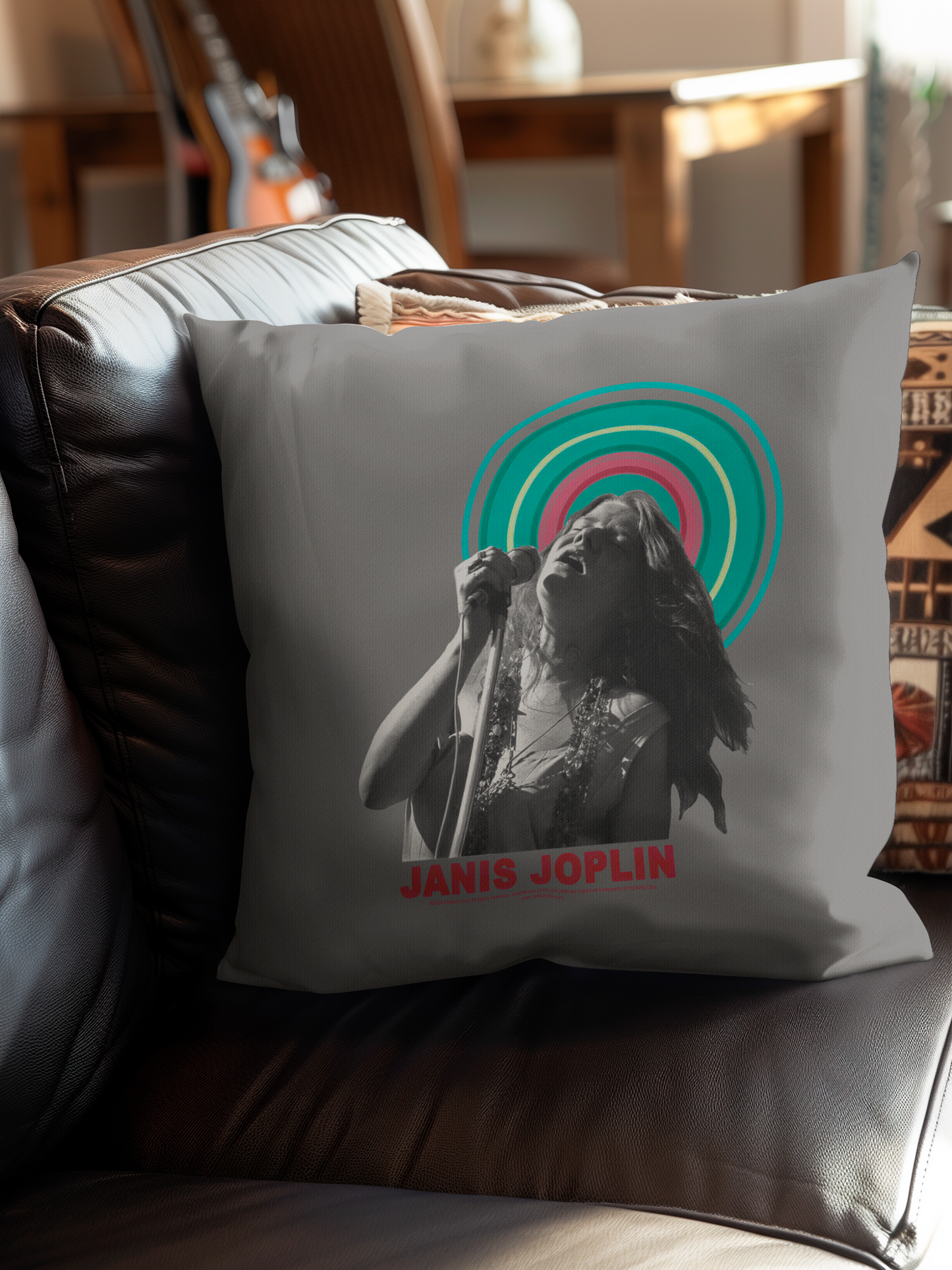 Janis Joplin Halo Photo Grey and Janis Joplin Halo Photo Grey with Pillow square