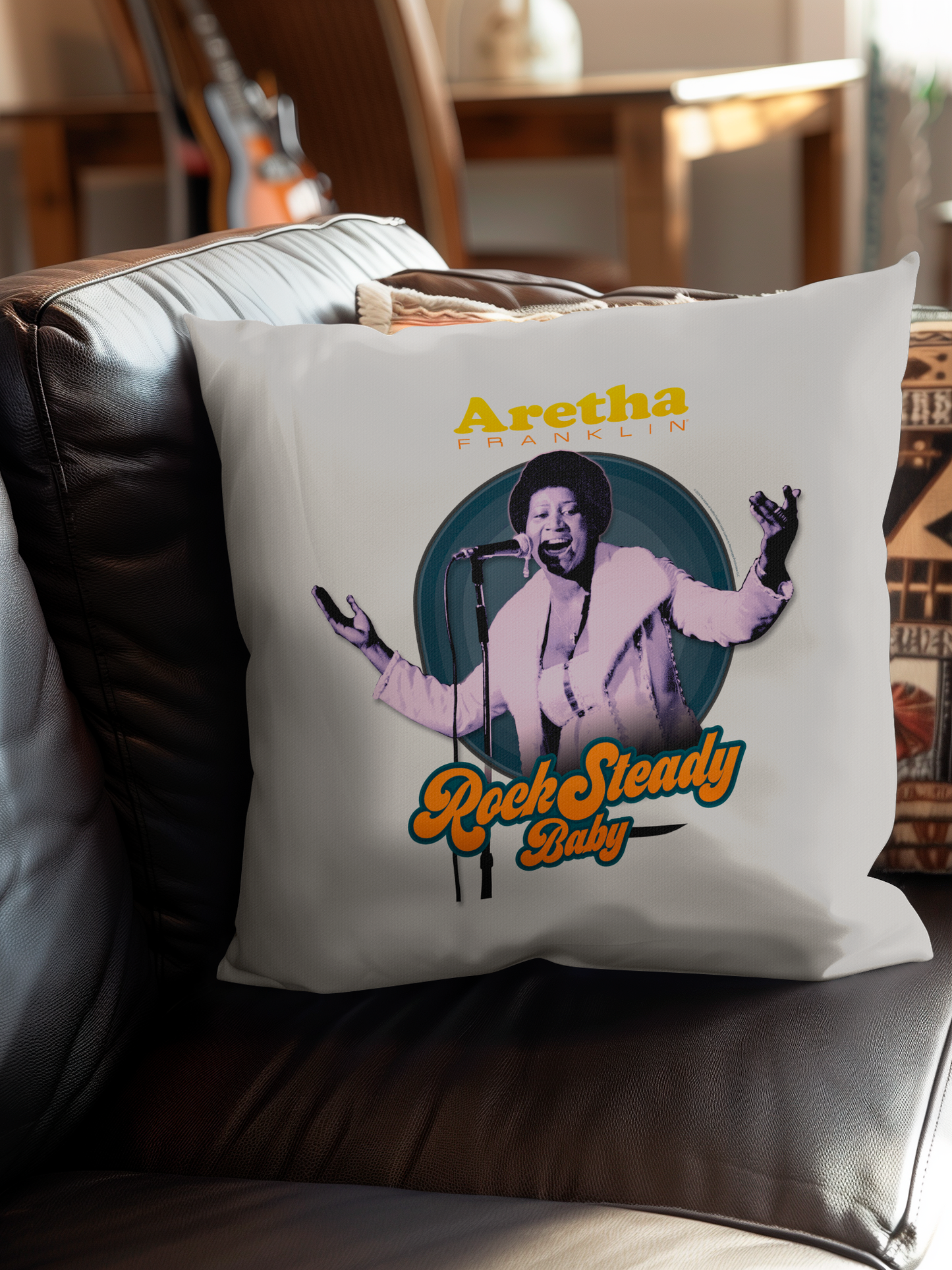 Aretha Franklin Photo - Vibrant Yellow Orange Retro Text Rock Steady Baby with Throw Pillow Square