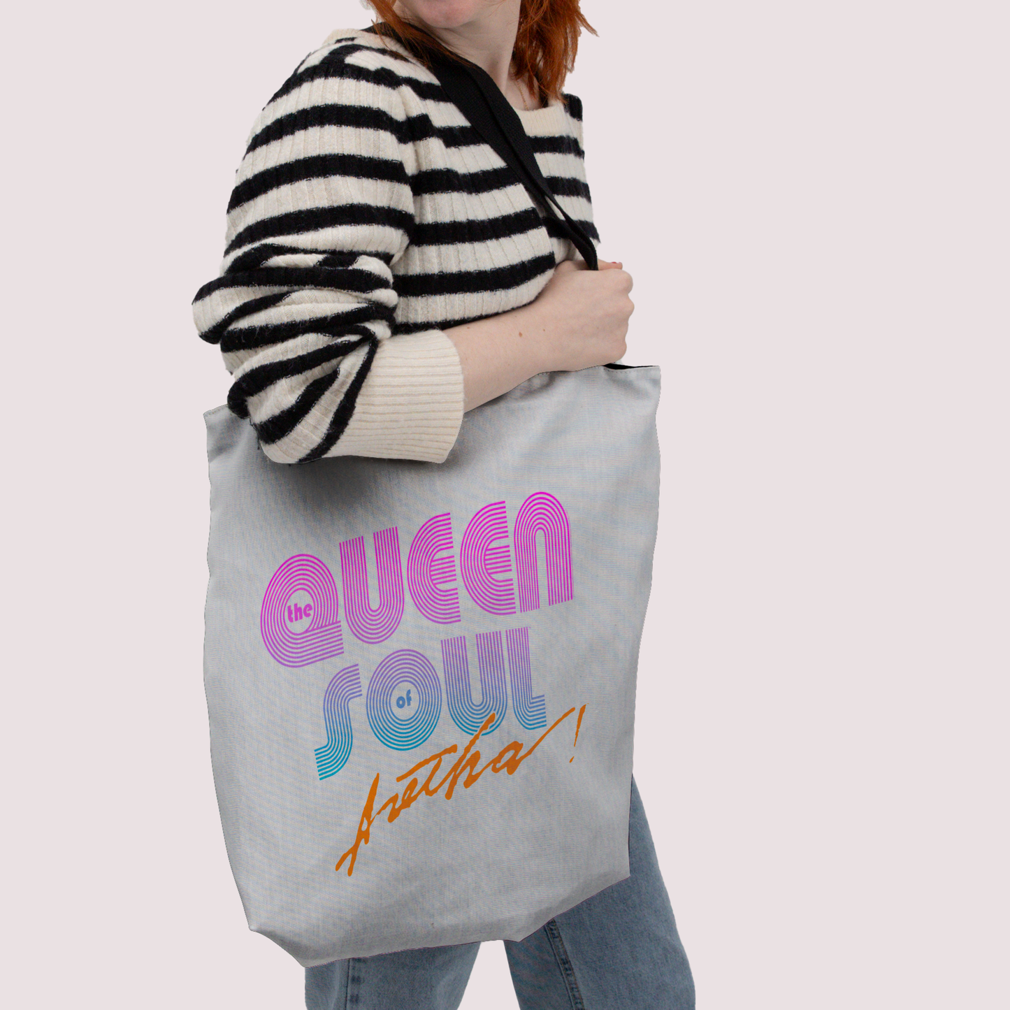 Aretha Franklin The Queen of Soul Music - Pink 80s Font with Tote Bag