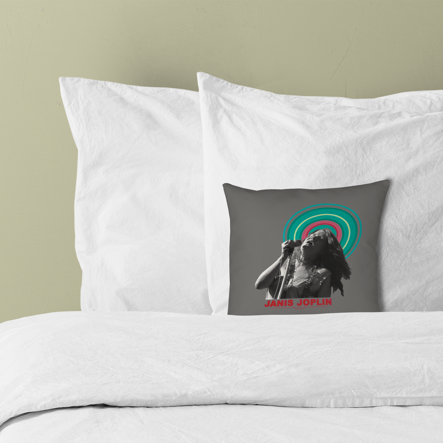 Janis Joplin Halo Photo Grey and Janis Joplin Halo Photo Grey with Pillow square