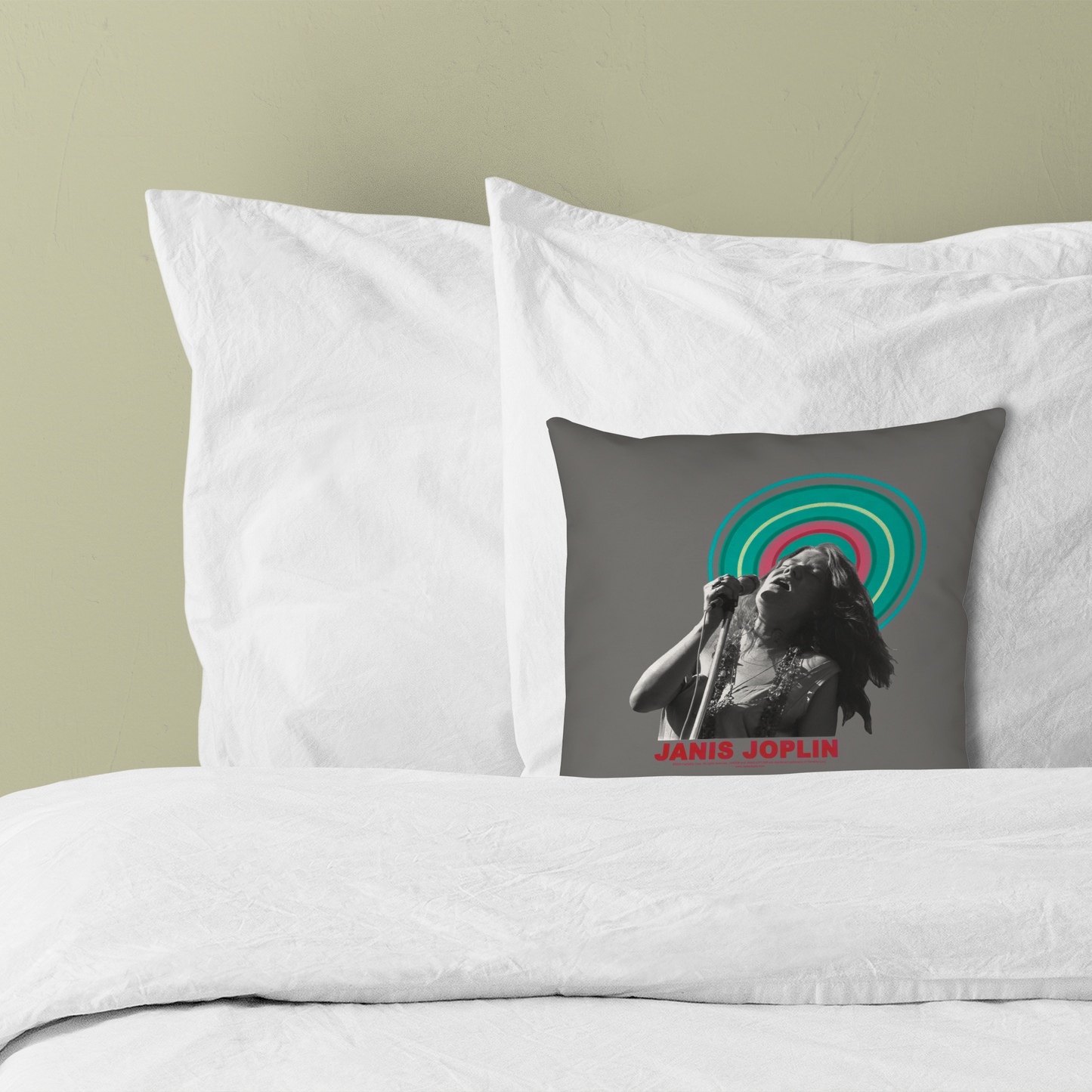 Janis Joplin Halo Photo Grey and Janis Joplin Halo Photo Grey with Pillow square